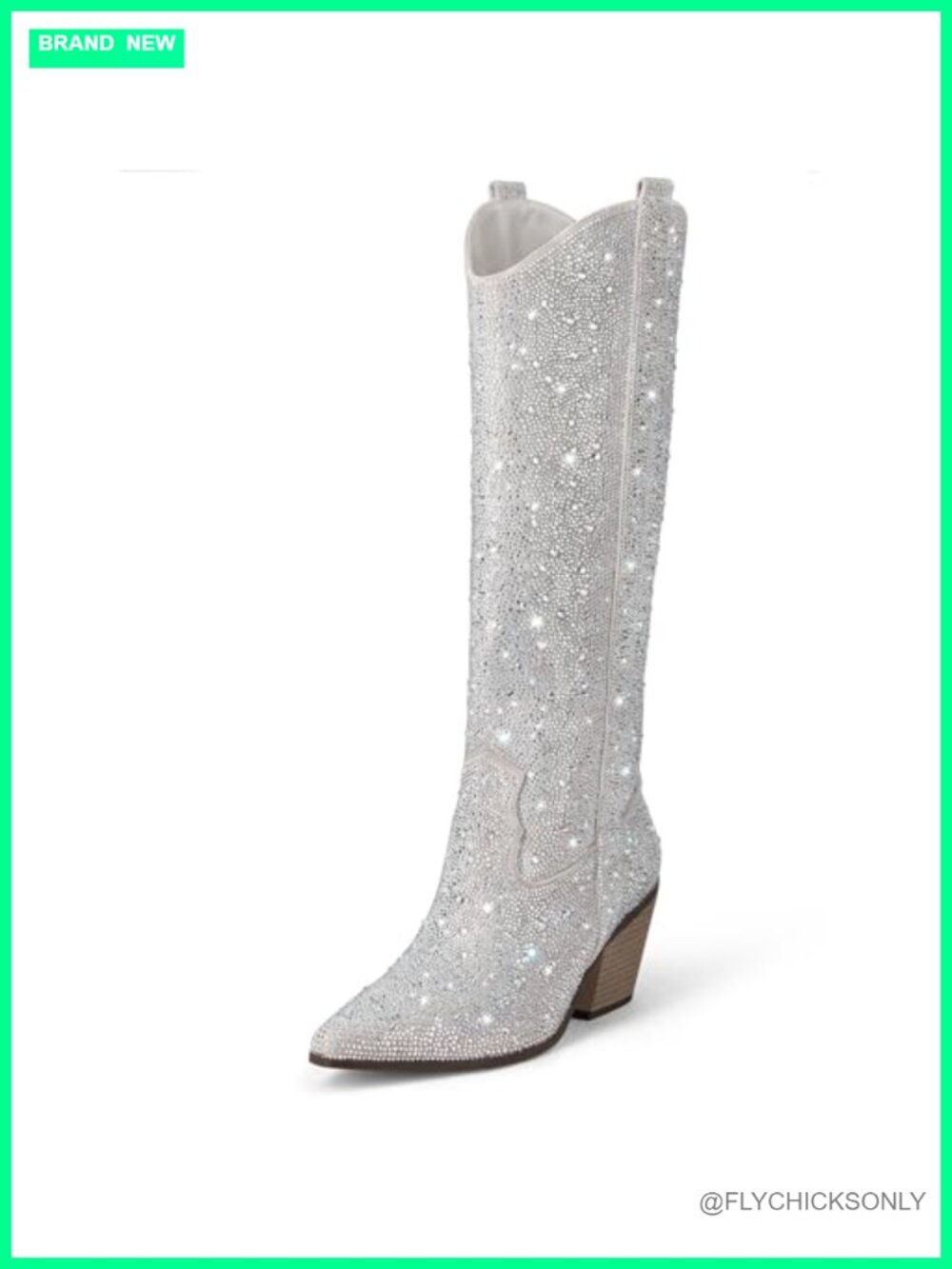 Rhinestone Knee-High Boots Sparkly Block Heel Western Cowgirl Glitter